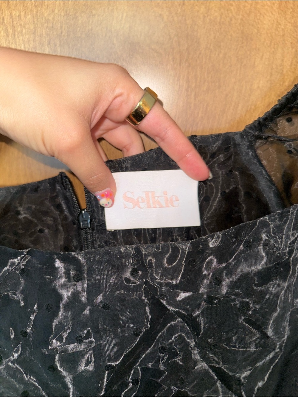 Selkie Black Sheer Puff Sleeve Dot-Overlay Dress - Picture 2 of 4